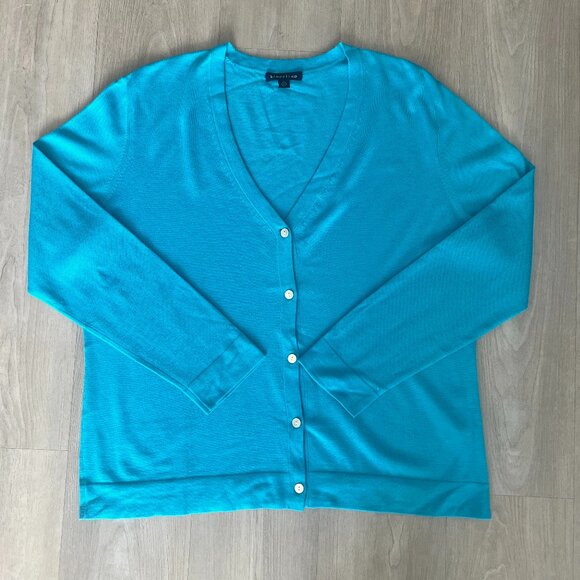 LANDS END Blue 100% Cashmere V-Neck Cardigan Sweater Wms Sz XL Preppy Lt Weight - Picture 1 of 5